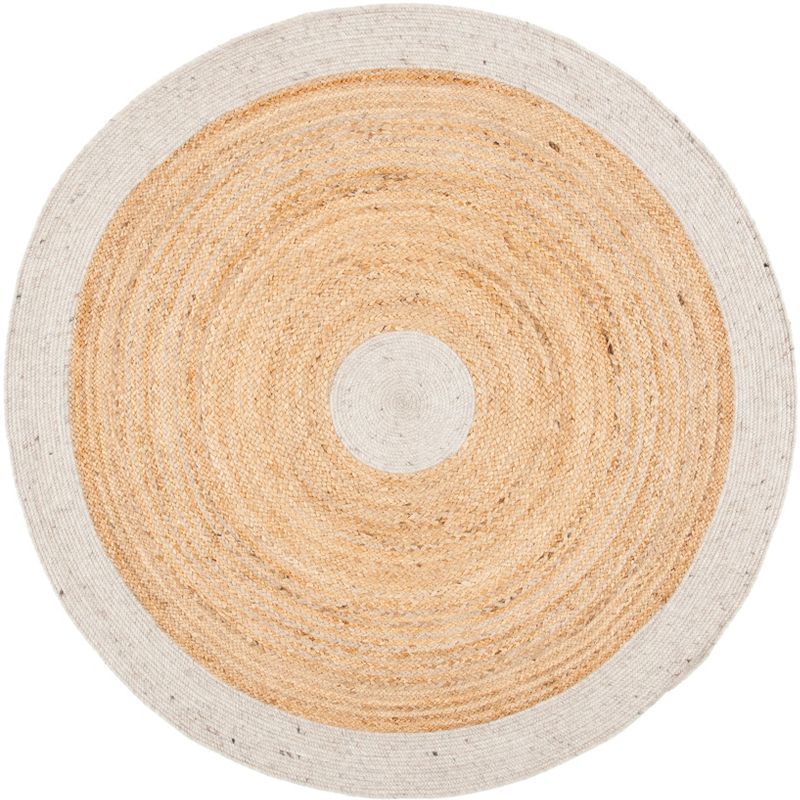 Handmade Beige and Natural Round Wool Cotton Rug, 5' x 5'