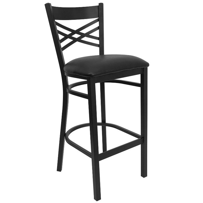 Elegant Black Metal Barstool with X-Back & Black Vinyl Seat