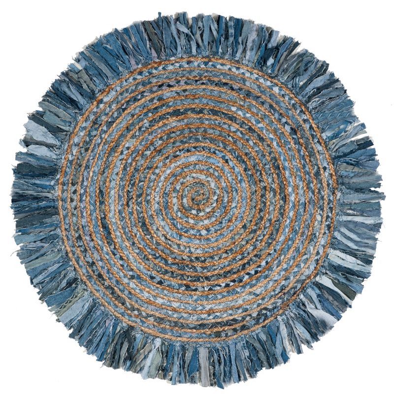 Ivory and Denim Round Handmade Cotton Flatweave Rug