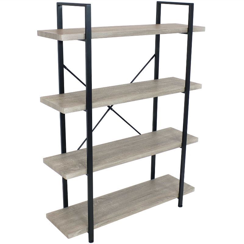 Oak Gray 4-Tier Adjustable Industrial Bookshelf with Steel Frame