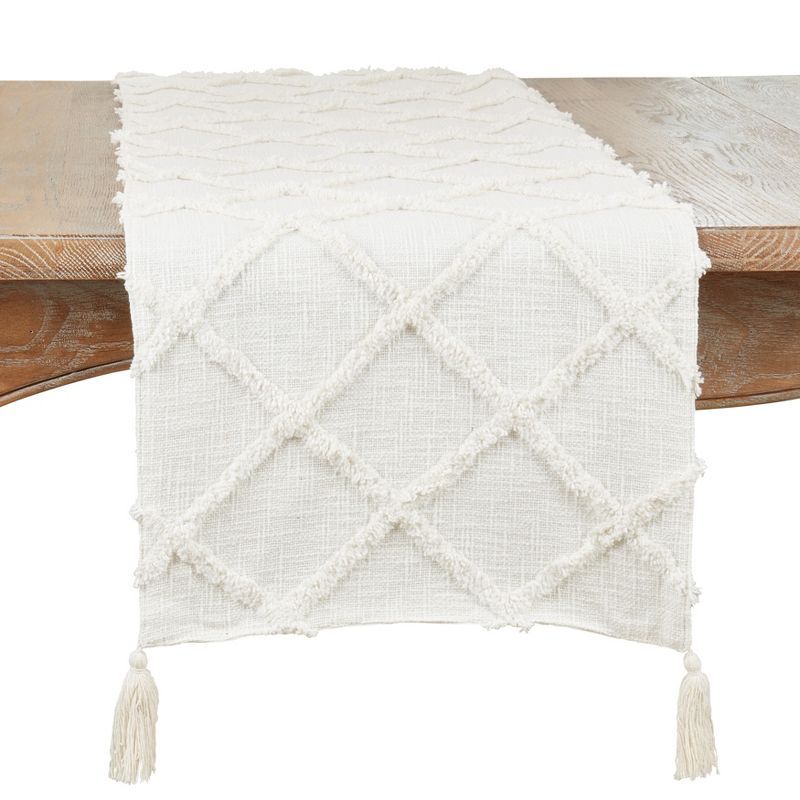 Ivory Diamond Tufted Cotton Table Runner with Tassels