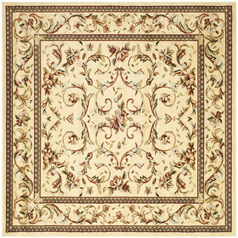 Ivory Floral Hand-Knotted Synthetic Square Rug, 8' x 8'