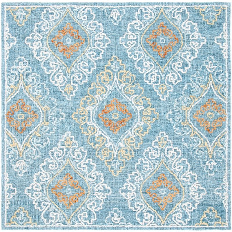 Handmade Blue Floral Tufted Wool Square Rug 6' x 6'