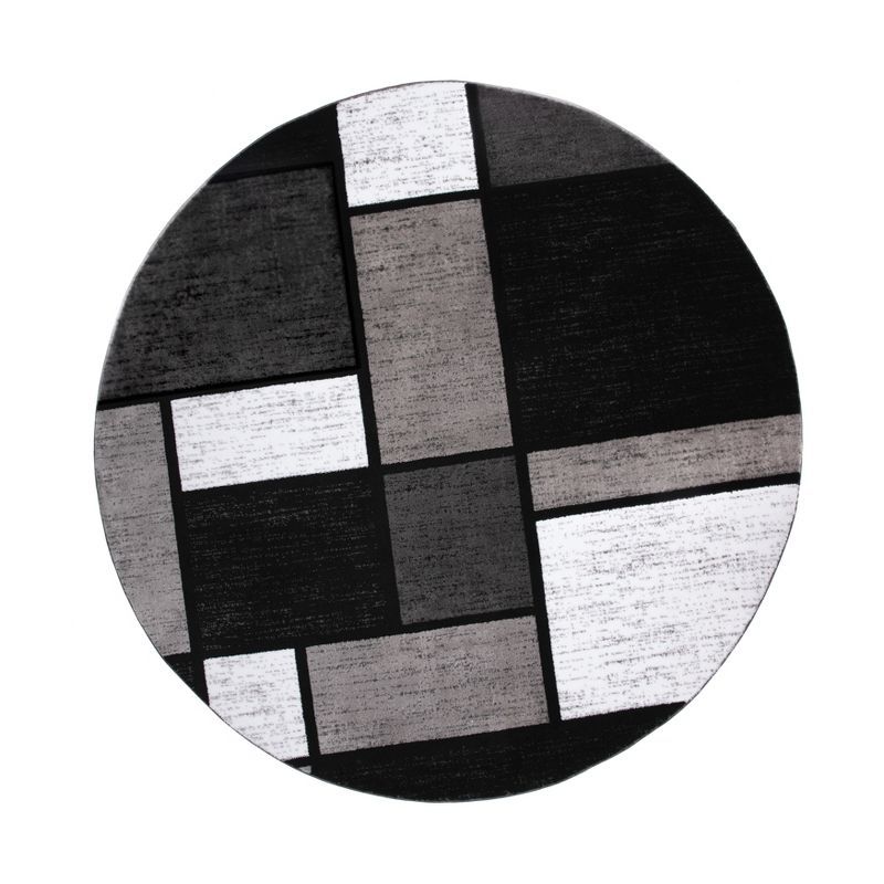 Gray and Black Geometric Synthetic Round Rug, 6'6"