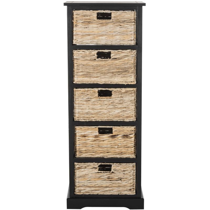 Coastal Gray Pine and Rattan 5-Drawer Storage Tower