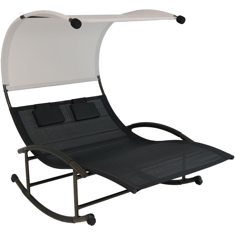 Black Double Chaise Rocking Lounge with Canopy and Cushions