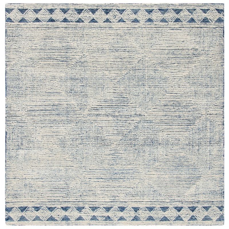 Ivory and Navy Abstract Hand Tufted Wool 4' x 4' Square Rug