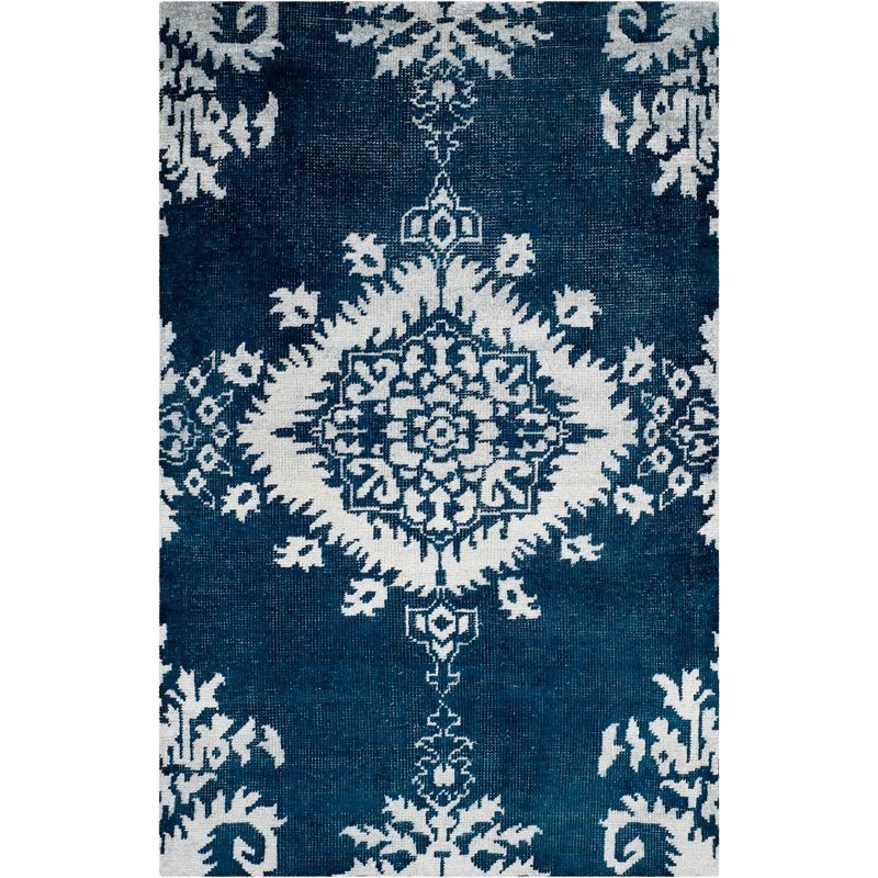 Indigo and White Hand-Knotted Wool 4' x 6' Area Rug