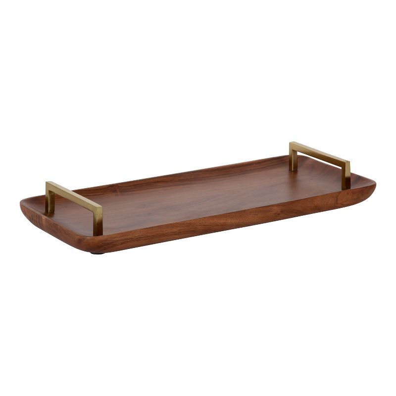 Walnut Brown Acacia Wood Rectangular Serving Tray with Gold Handles