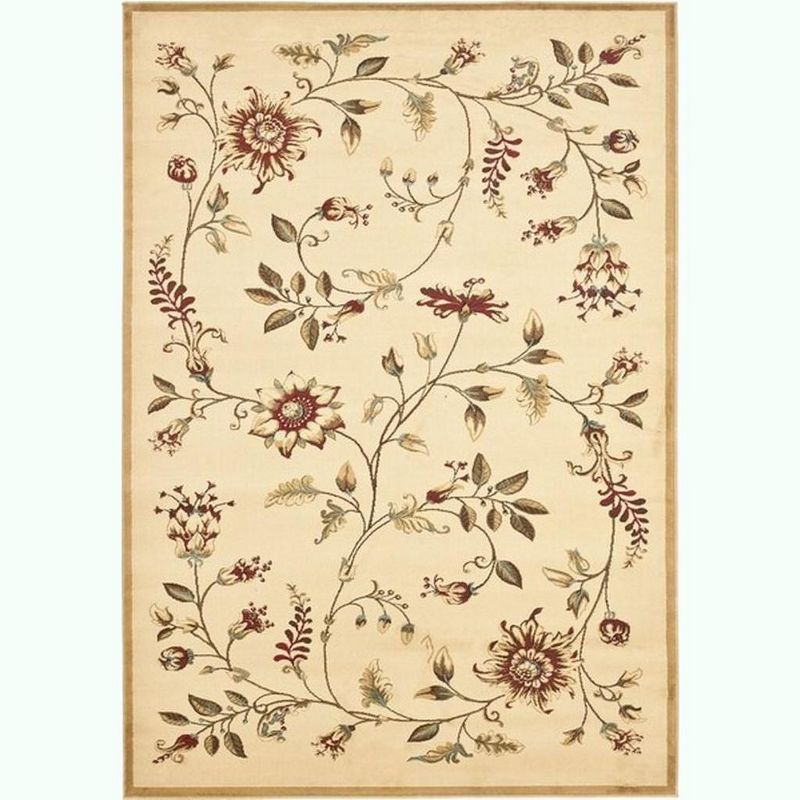 Ivory Floral Medium Pile Synthetic Area Rug