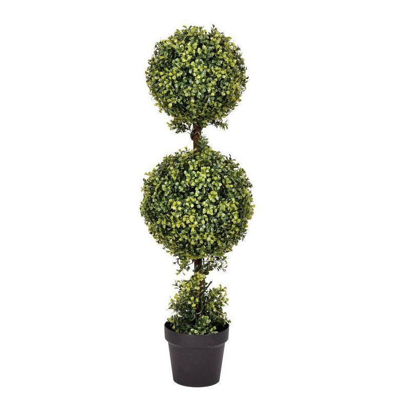 Elegant Outdoor White-Lit Boxwood Topiary in Plastic Pot, 37"