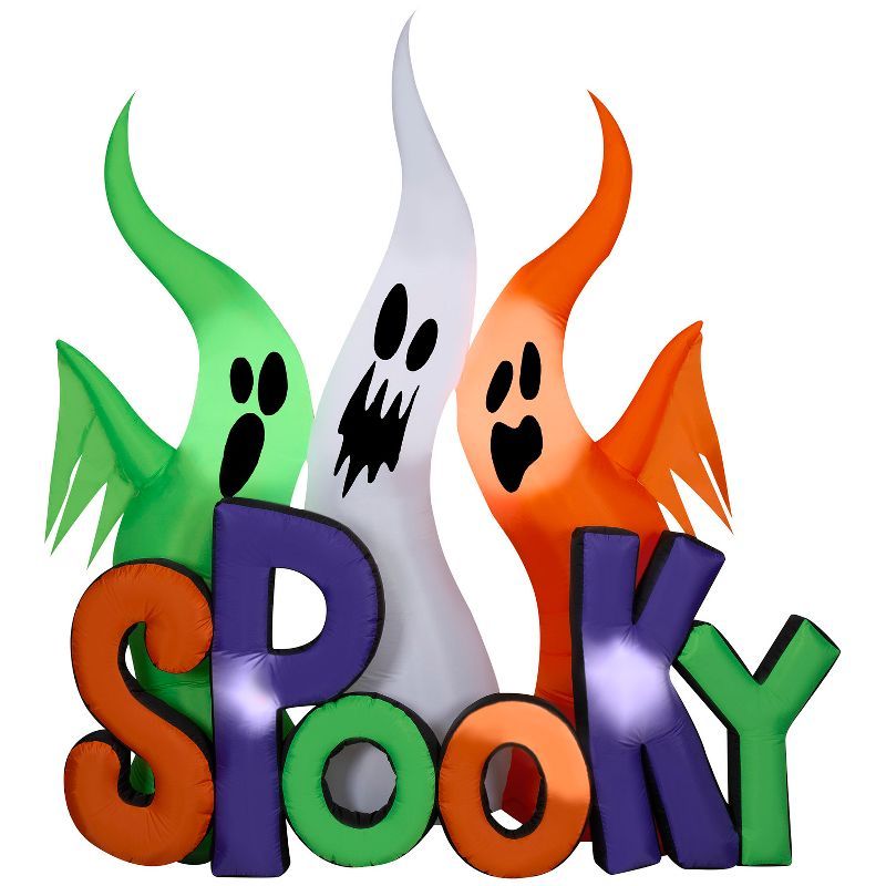 8 ft Tall Multicolor LED Inflatable Ghosts with Spooky Sign