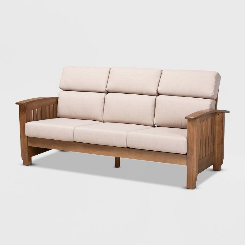 Charlotte Taupe Faux Leather and Walnut Wood 3-Seater Sofa