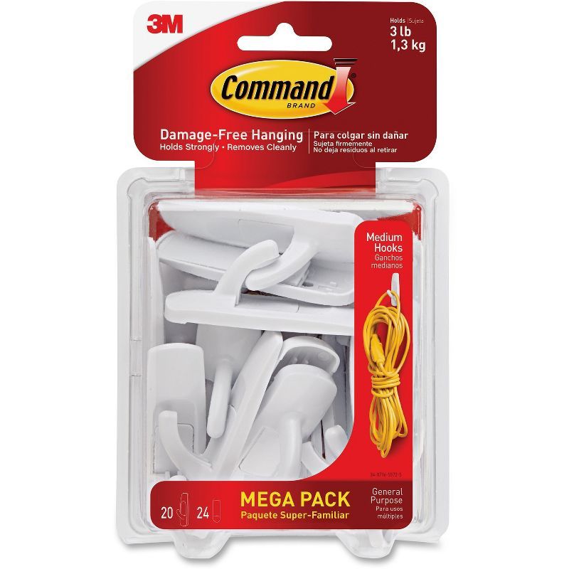 White Medium Self-Adhesive Utility Hooks with Strips, 20-Pack