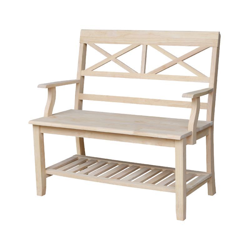 Unfinished Parawood Double X-Back Bench with Storage Shelf