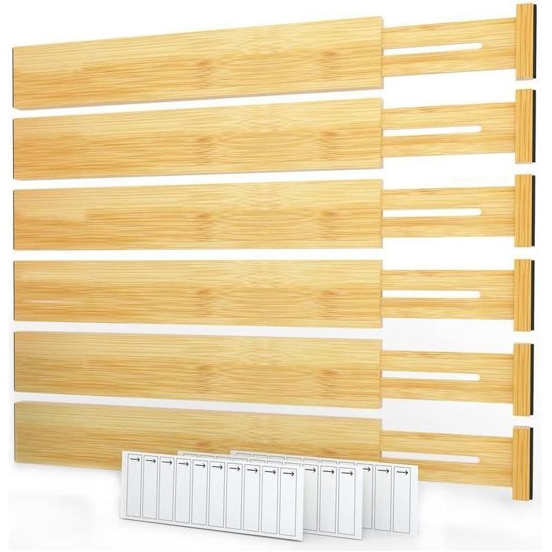 Set of 6 Adjustable Bamboo Drawer Dividers with Labels