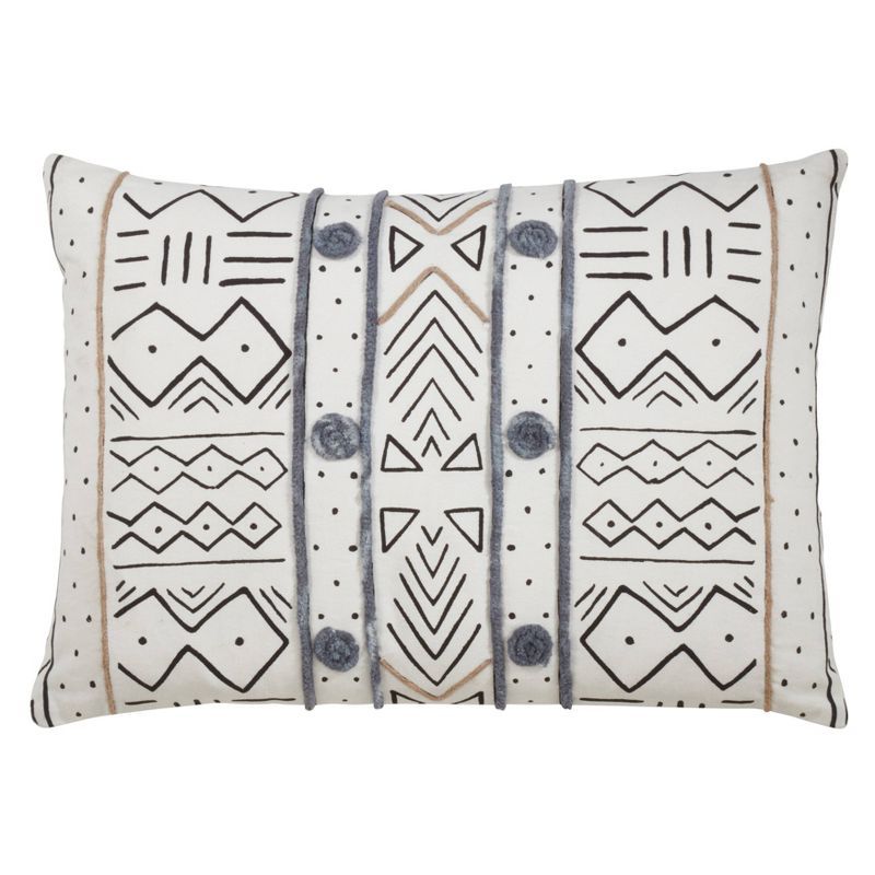 Mud Cloth Inspired Cotton Square Throw Pillow - White 14" x 20"