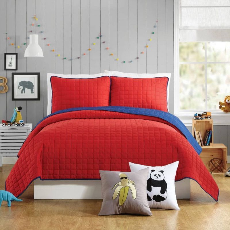 Kids Full Red Microfiber Reversible Quilt Set