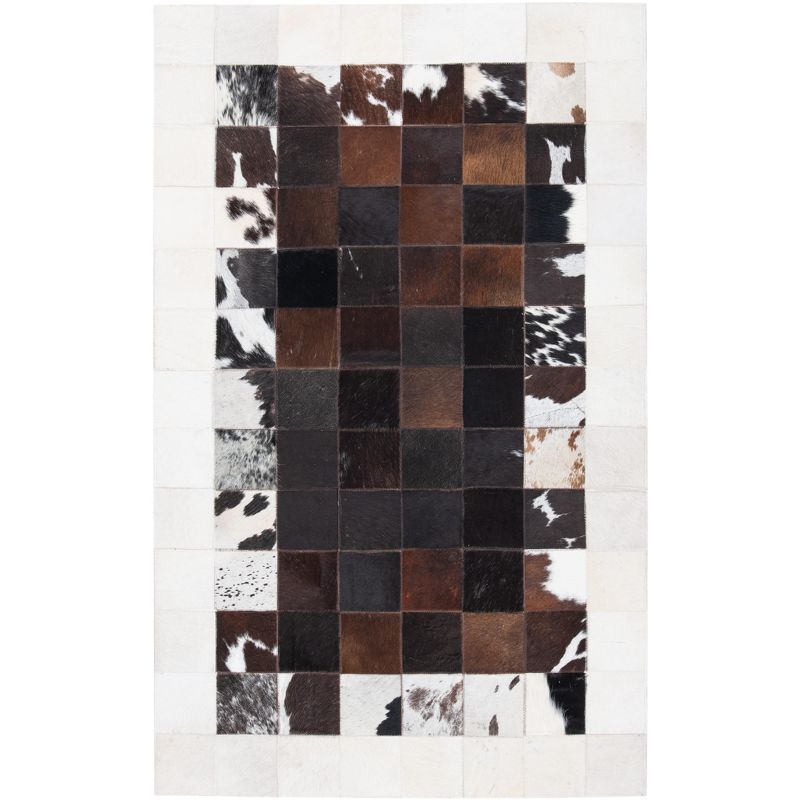 Ivory and Brown Handmade Geometric Cowhide Area Rug