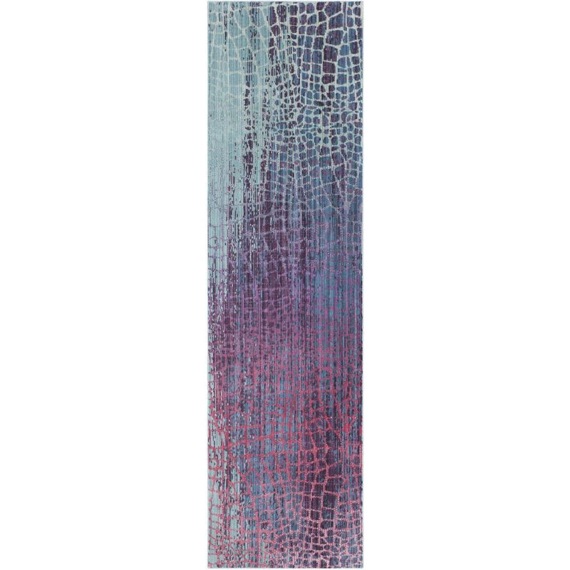 Blue and Fuchsia Abstract Synthetic Runner Rug
