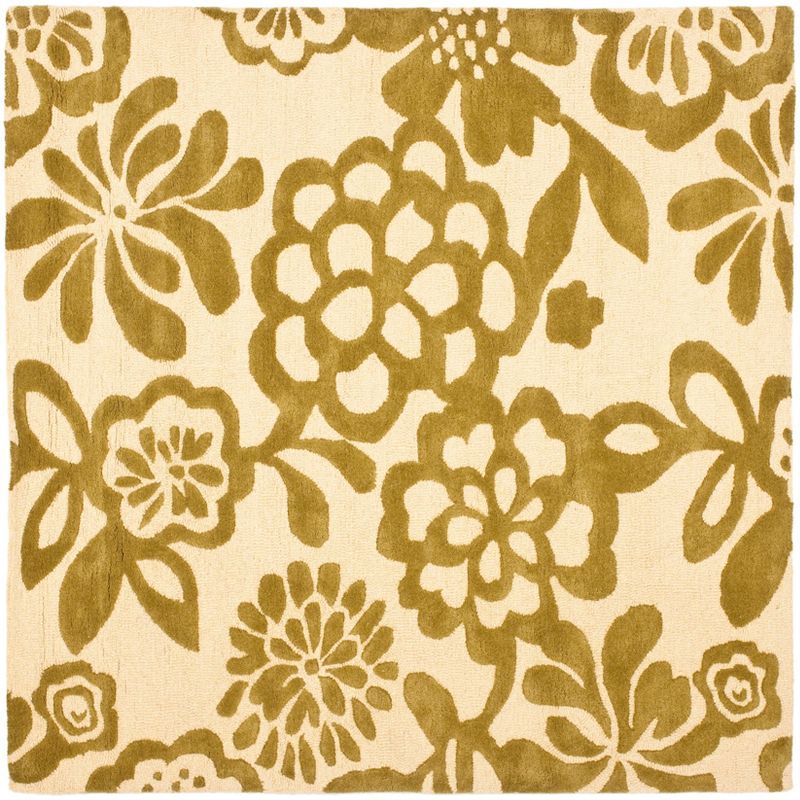 Beige and Green Floral Tufted Wool Square Rug