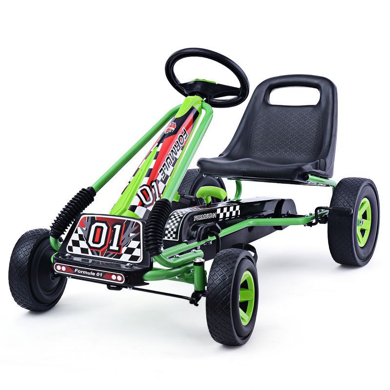 Green Steel and Plastic Pedal Powered Kids Go Kart with Adjustable Seat