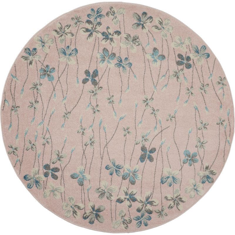 Blushing Blossom 63'' Round Pink Floral Easy-Care Area Rug