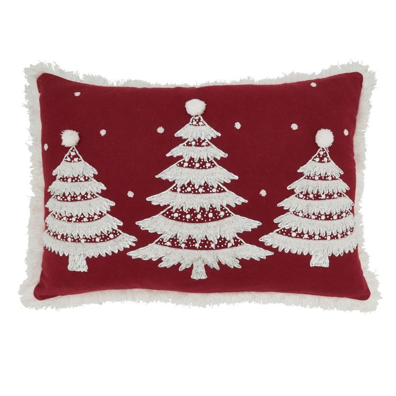 Red Cotton Fringed Christmas Trees Throw Pillow Cover, 14"x20"