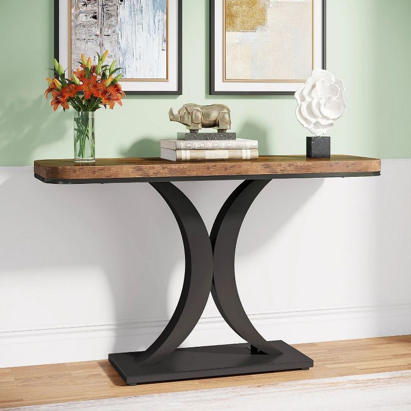 Rustic Brown and Black 40" Console Table with Geometric Metal Base