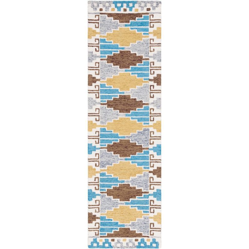 Ivory and Blue Geometric Hand-Tufted Wool Runner Rug