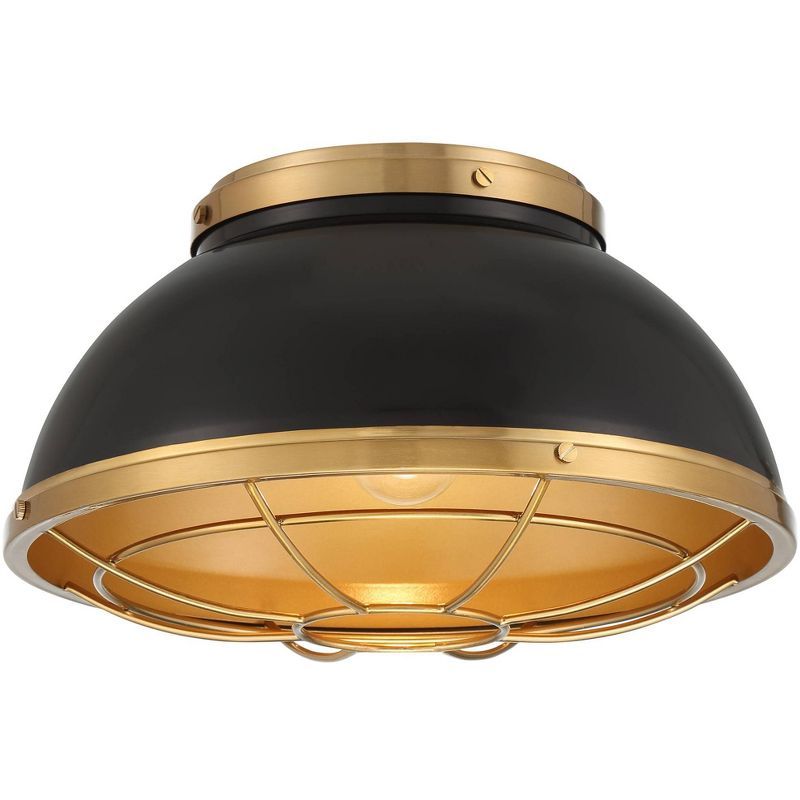 Modern 18" Black Glass Bowl Ceiling Light with Brass Accents