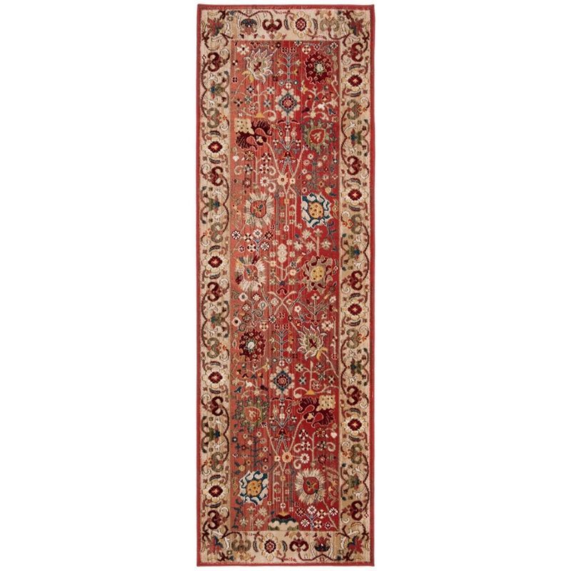 Red and Beige Floral Synthetic Runner Rug, 2'6" x 8'