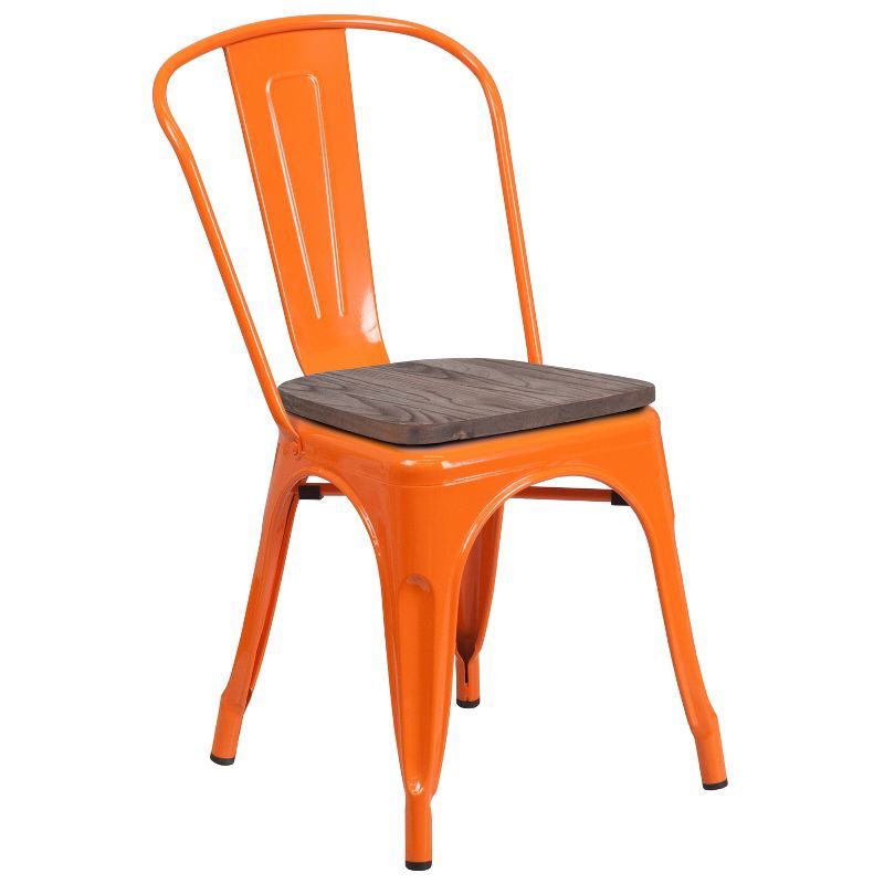 Orange Metal Stackable Chair with Wood Seat