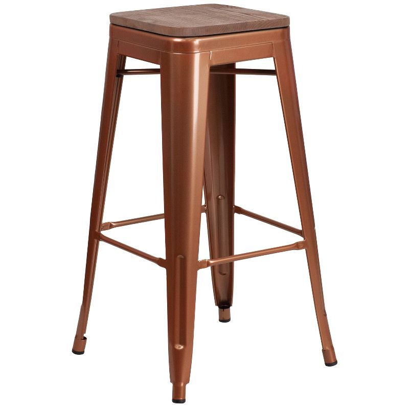 Copper Frame 30" High Backless Brown Wood Seat Barstool