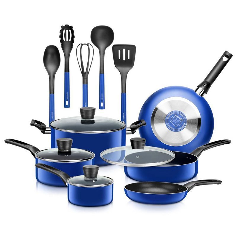 SereneLife 15-Piece Blue Aluminum Non-Stick Cookware Set