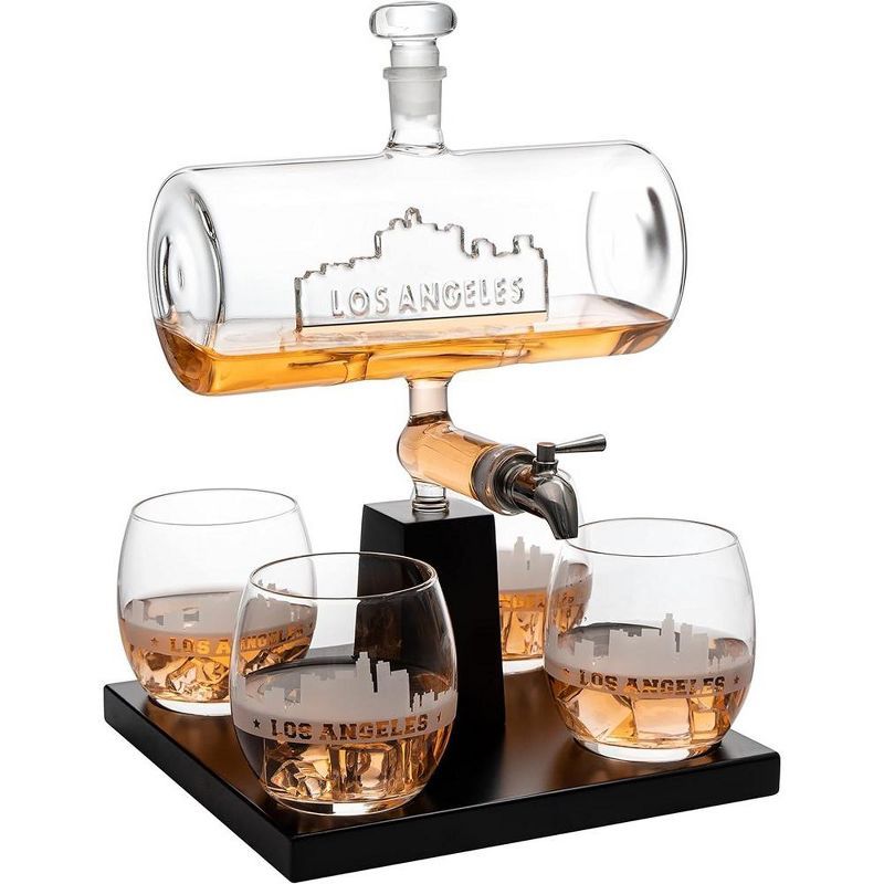 Los Angeles Skyline Glass Decanter Set with Mahogany Base