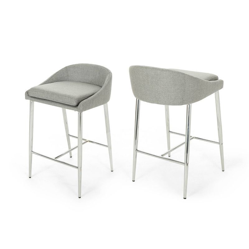 Set of 2 Gray Upholstered Counter Stools with Chrome Legs