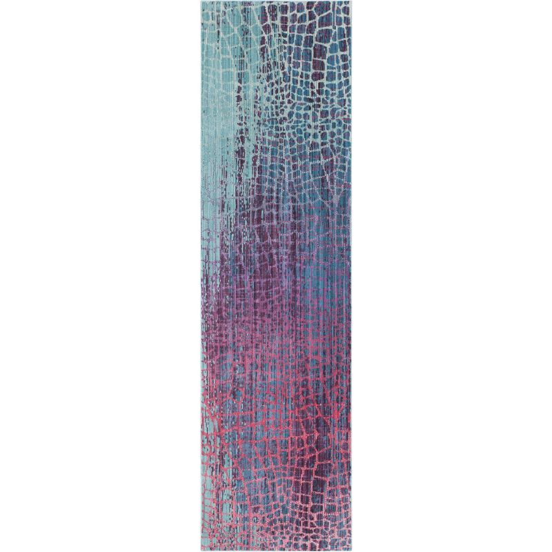 Blue and Fuchsia Abstract Synthetic Runner Rug