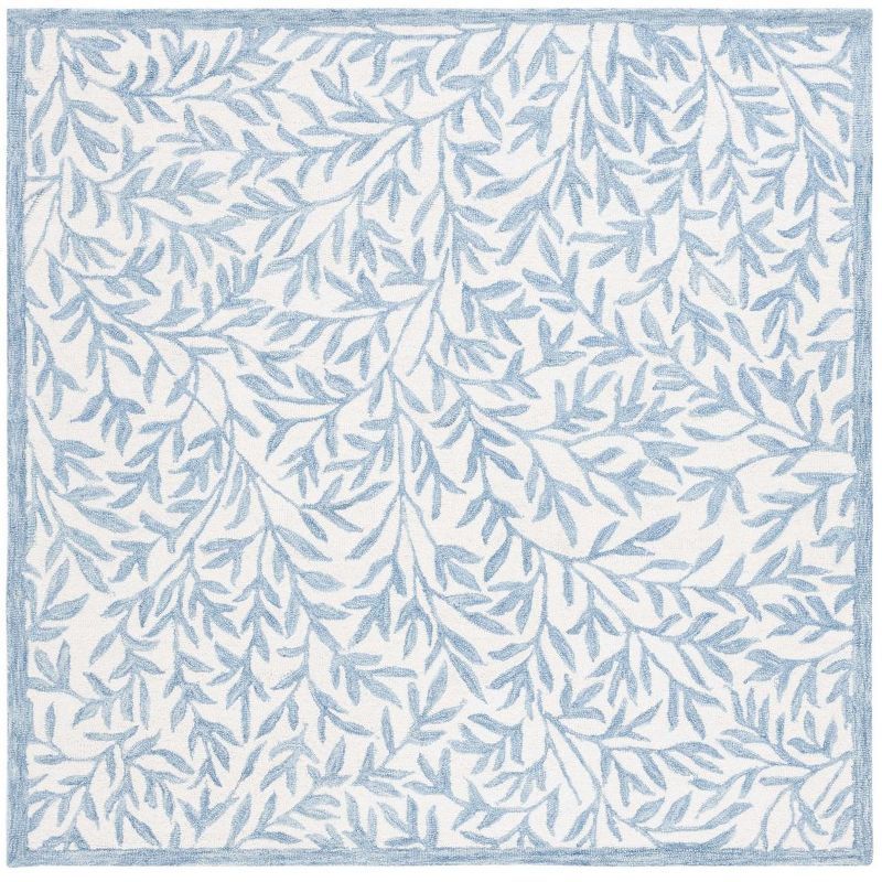 Ivory and Blue Floral Hand-Tufted Wool Square Rug