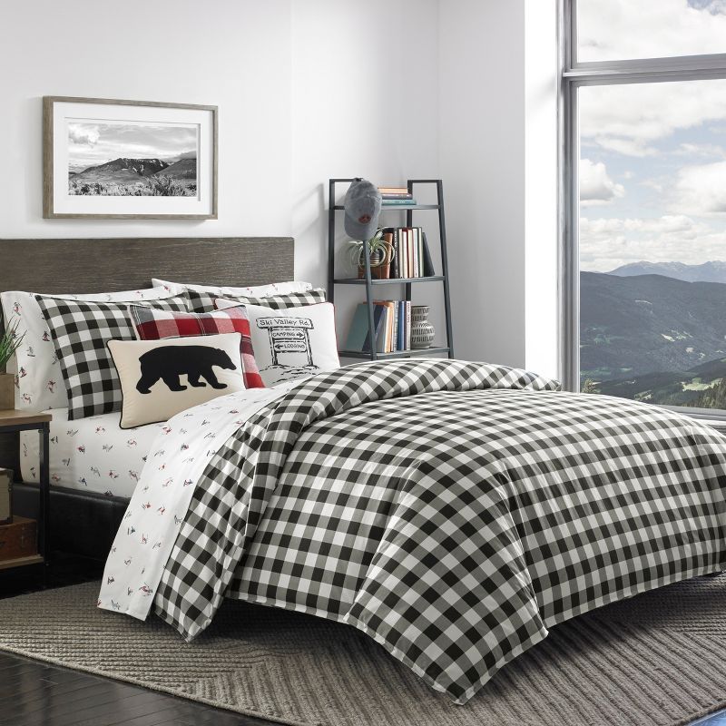 Twin Black and White Cotton Plaid Duvet Cover Set