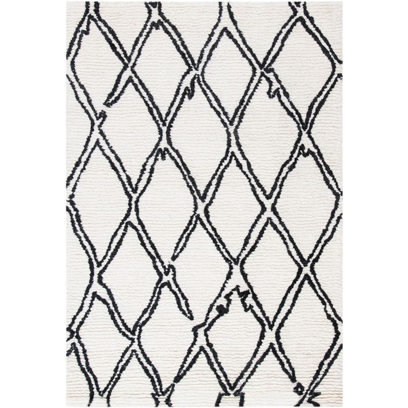 Ivory and Black Hand-Tufted Wool Shag Area Rug 4' x 6'