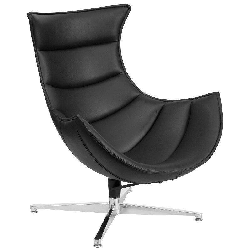 Modern Black LeatherSoft Swivel Cocoon Lounge Chair with Stainless Steel Base