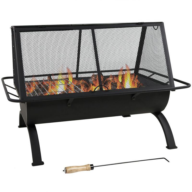 36-Inch Black Steel Outdoor Fire Pit with Grill and Spark Screen