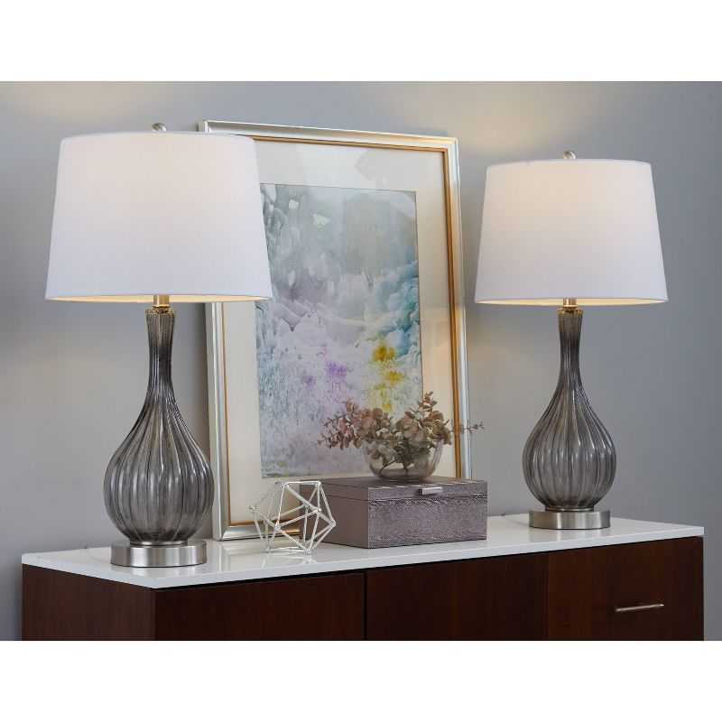 Jenny 27" Gray Crackle Glass Table Lamps with White Linen Shade - Set of 2