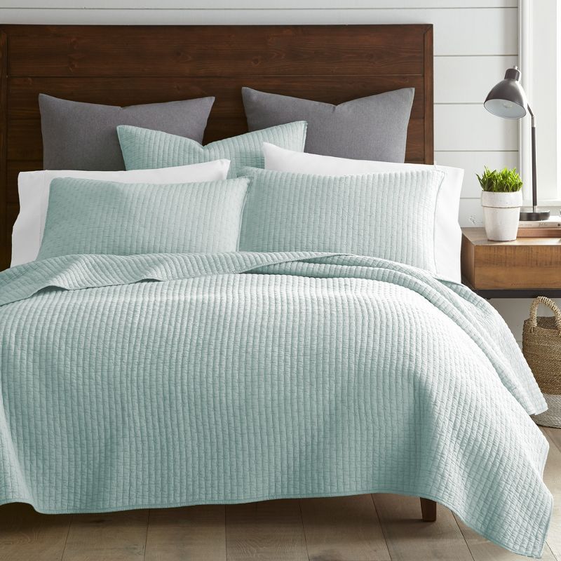 Spa Blue Cotton Twin Reversible Quilt Set