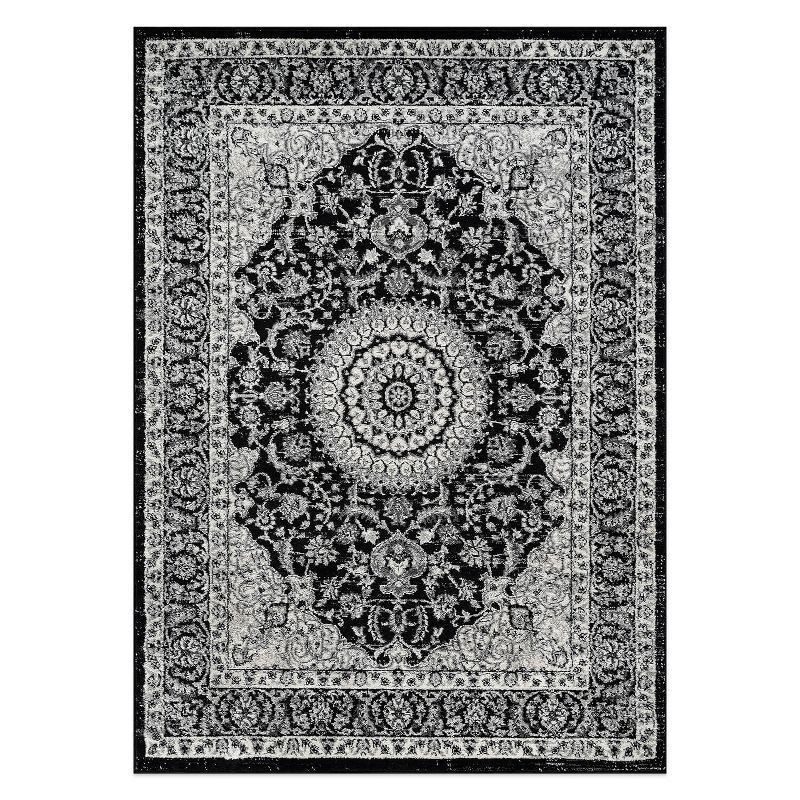 Black and White Synthetic 5' x 7' Rectangular Medallion Area Rug