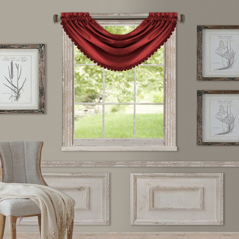 Rouge Red Faux Silk Waterfall Window Valance with Rod Pocket