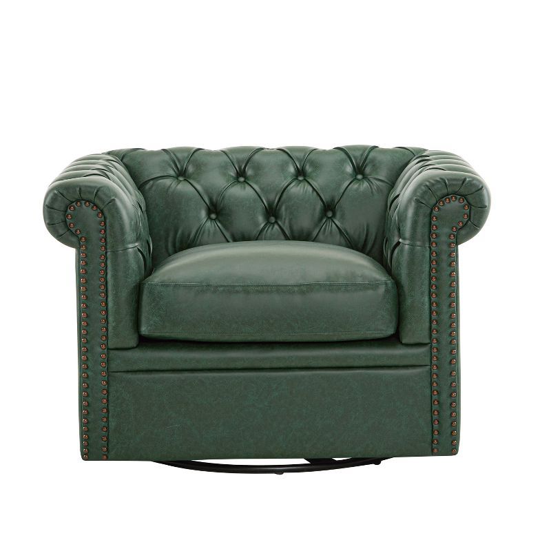 Green Faux Leather Barrel Swivel Accent Chair with Wood Frame