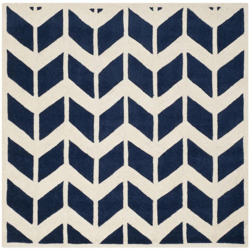 Ivory and Dark Blue Hand-Tufted Wool Square Rug, 5' x 5'