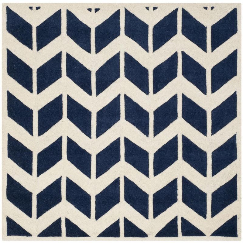 Ivory and Dark Blue Hand-Tufted Wool Square Rug, 5' x 5'